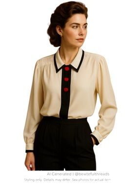 Parisian Secretary Blouse Contrast Trim Red Button Cream Silk Feel M–XL